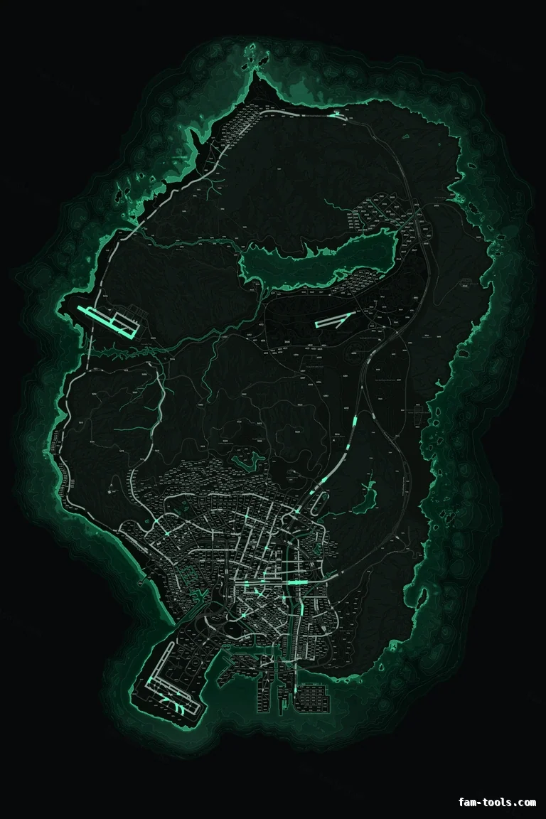 Green EMERALD FiveM-compatible minimap for GTA 5 — with postal codes — showing the whole Los Santos and Blaine County map