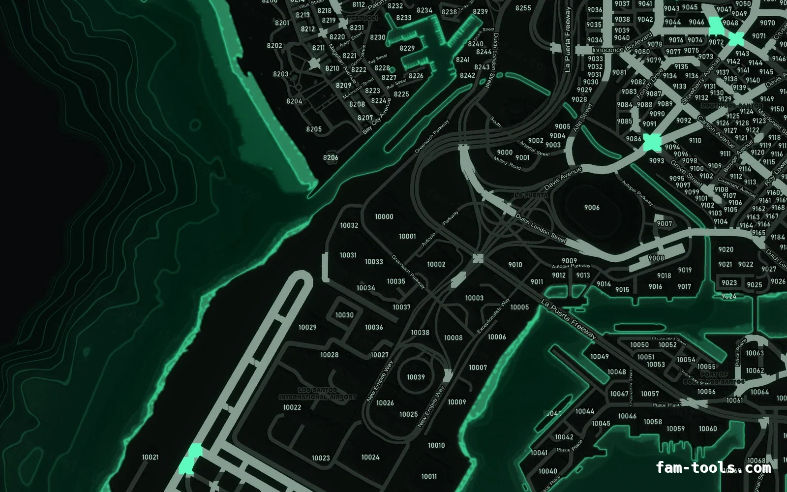 Green EMERALD FiveM-compatible minimap for GTA 5 — with postal codes — showing the harbour and industrial docks