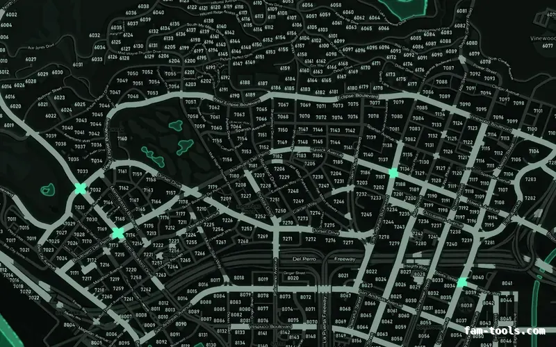 Green EMERALD FiveM-compatible minimap for GTA 5 — with postal codes — showing Los Santos street detail