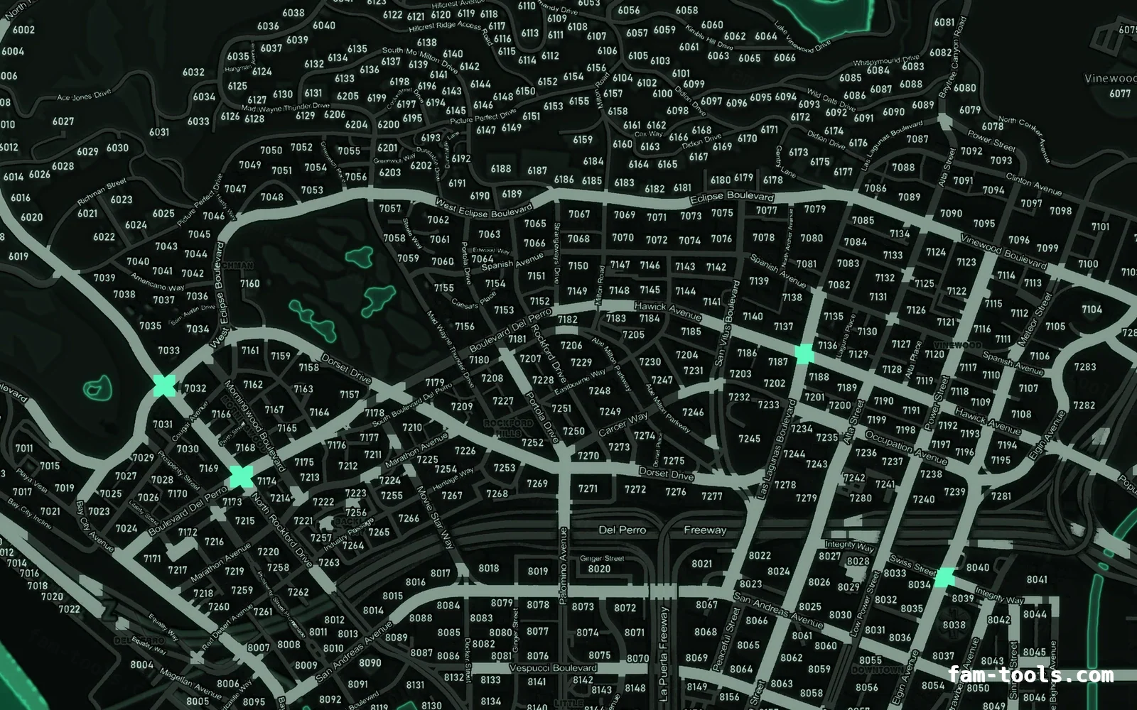 Green EMERALD FiveM-compatible minimap for GTA 5 — with postal codes — showing Los Santos street detail