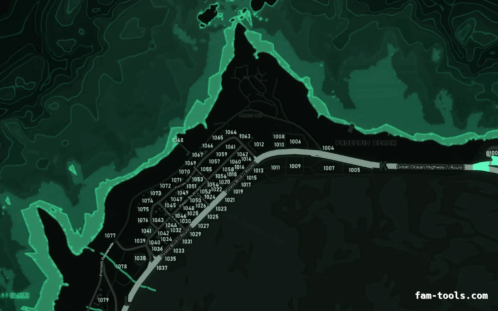 Green EMERALD FiveM-compatible minimap for GTA 5 — with postal codes — showing Paleto Bay and Mount Chiliad