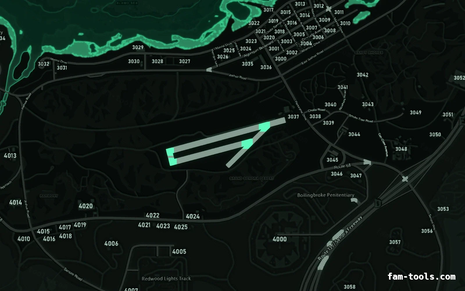 Green EMERALD FiveM-compatible minimap for GTA 5 — with postal codes — showing Sandy Shores and the desert
