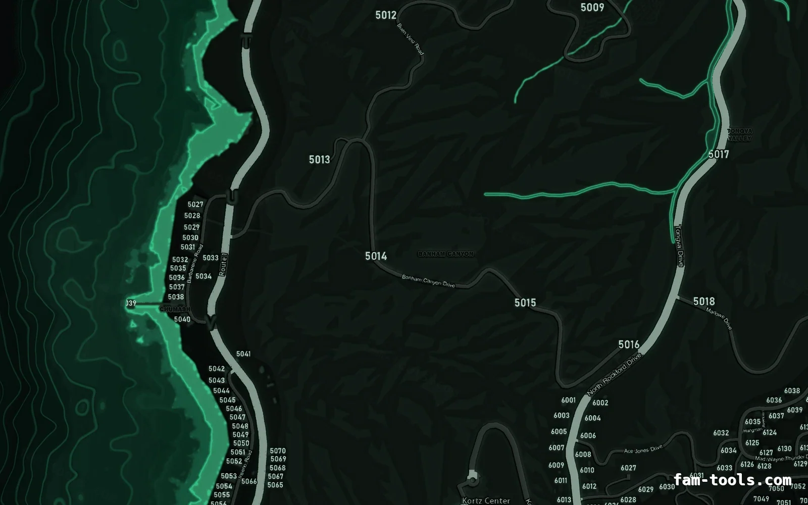 Green EMERALD FiveM-compatible minimap for GTA 5 — with postal codes — showing the west coast and depth contours