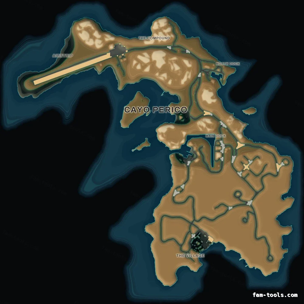 Mixed dark TOPO NIGHT Cayo Perico FiveM-compatible minimap for GTA 5 — optional island add-on in the same palette, google style