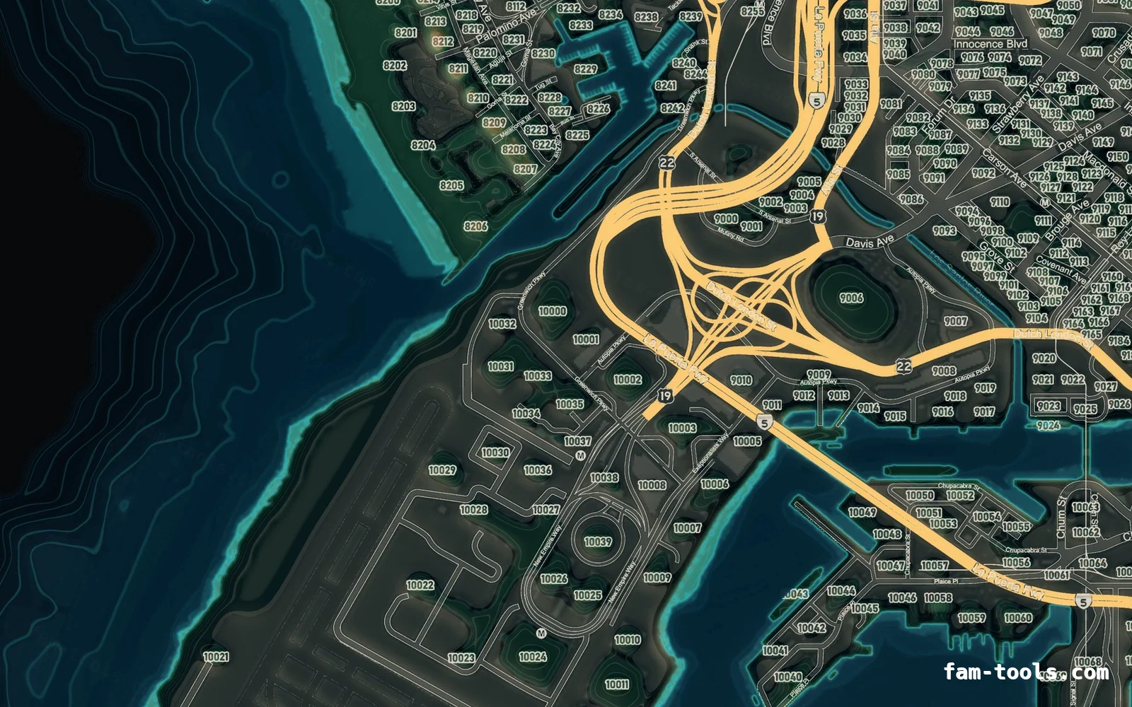 Mixed dark TOPO NIGHT FiveM-compatible minimap for GTA 5 — google style — showing the harbour and industrial docks
