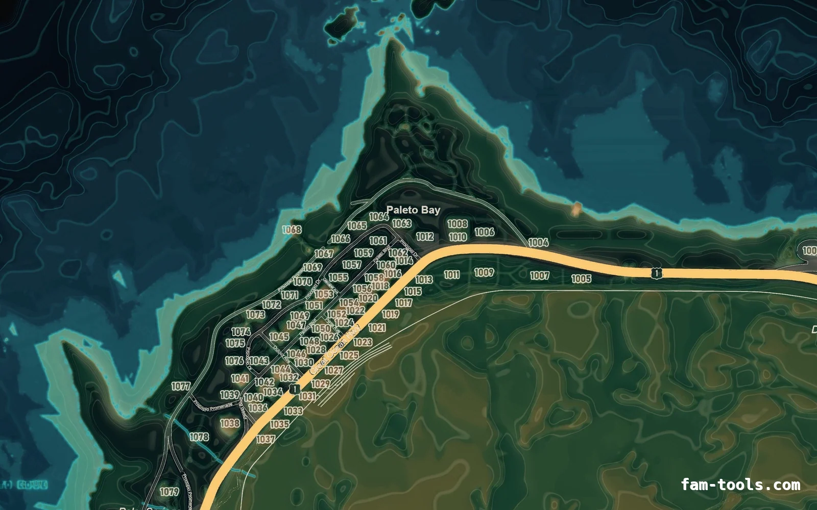 Mixed dark TOPO NIGHT FiveM-compatible minimap for GTA 5 — google style — showing Paleto Bay and Mount Chiliad