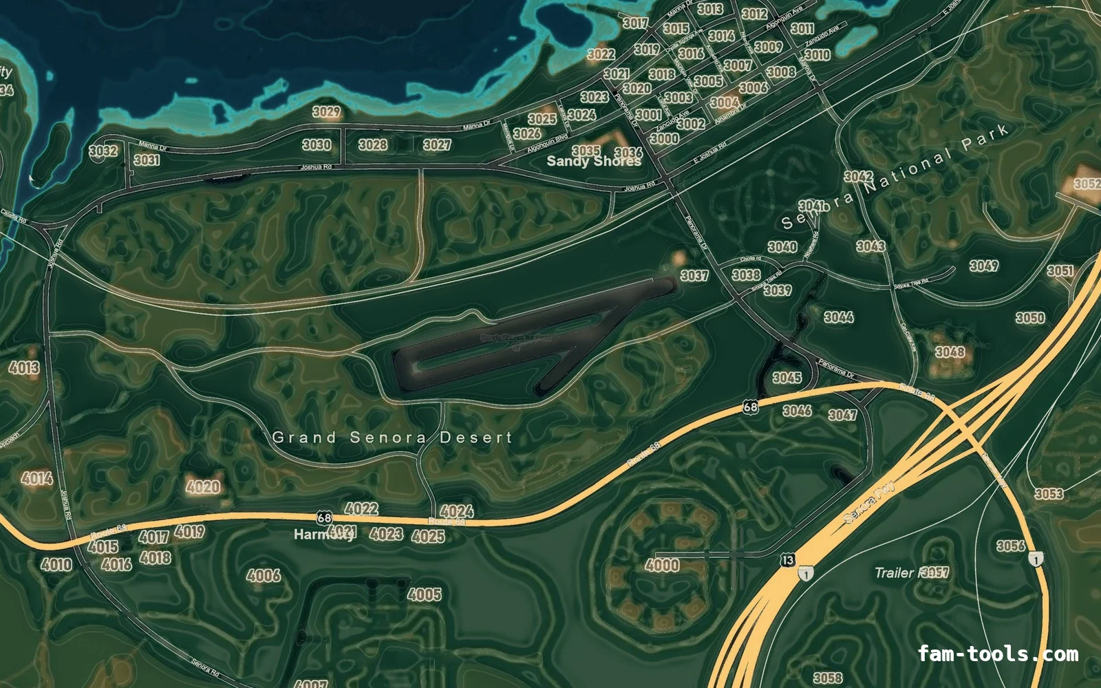 Mixed dark TOPO NIGHT FiveM-compatible minimap for GTA 5 — google style — showing Sandy Shores and the desert