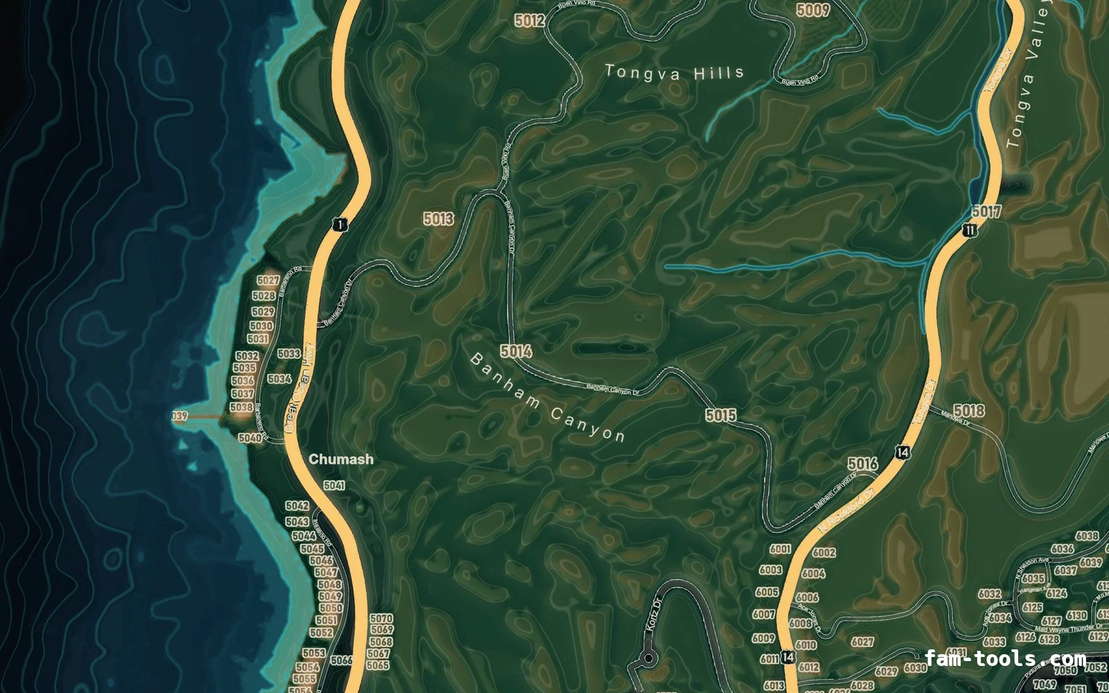 Mixed dark TOPO NIGHT FiveM-compatible minimap for GTA 5 — google style — showing the west coast and depth contours