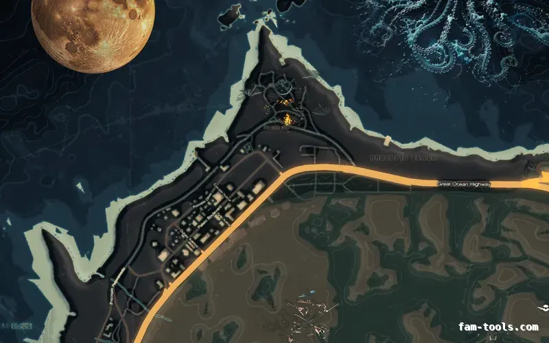 Halloween Mixed dark HAUNTED TOPO NIGHT FiveM-compatible minimap for GTA 5 — without postal codes — showing Paleto Bay and Mount Chiliad