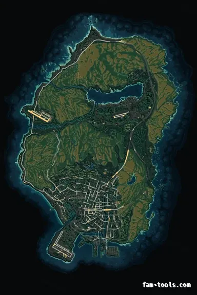 Mixed dark TOPO NIGHT FiveM-compatible minimap for GTA 5 — without postal codes — showing the whole Los Santos and Blaine County map