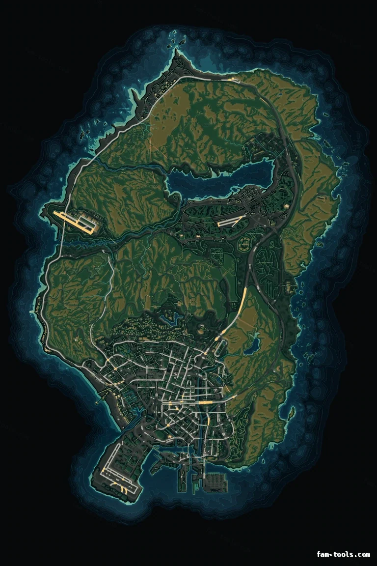 Mixed dark TOPO NIGHT FiveM-compatible minimap for GTA 5 — without postal codes — showing the whole Los Santos and Blaine County map