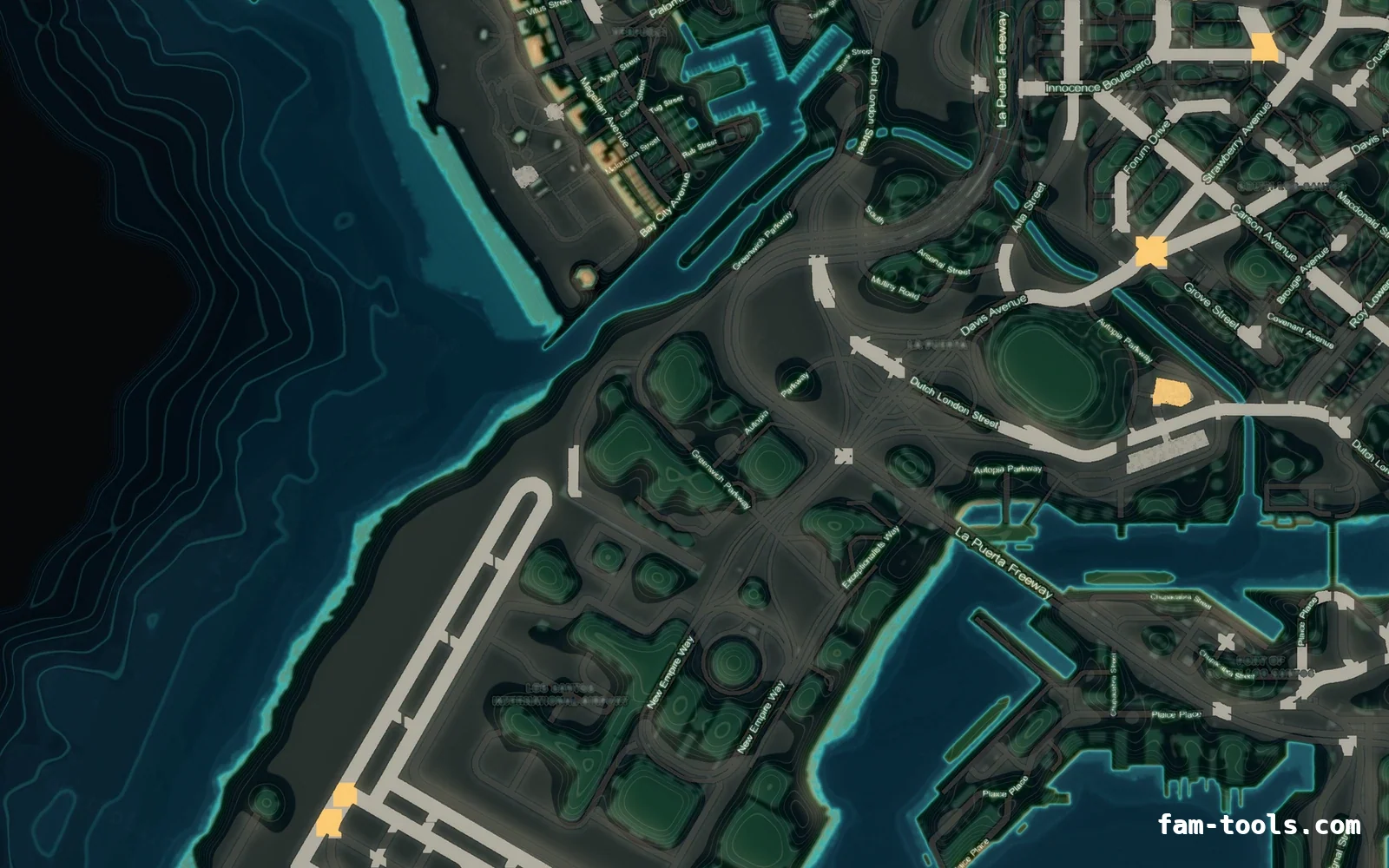 Mixed dark minimap — Harbour Mixed dark TOPO NIGHT FiveM-compatible minimap for GTA 5 — without postal codes — showing the harbour and industrial docks