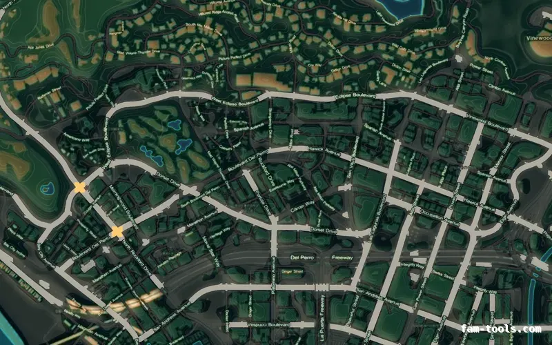 Mixed dark TOPO NIGHT FiveM-compatible minimap for GTA 5 — without postal codes — showing Los Santos street detail