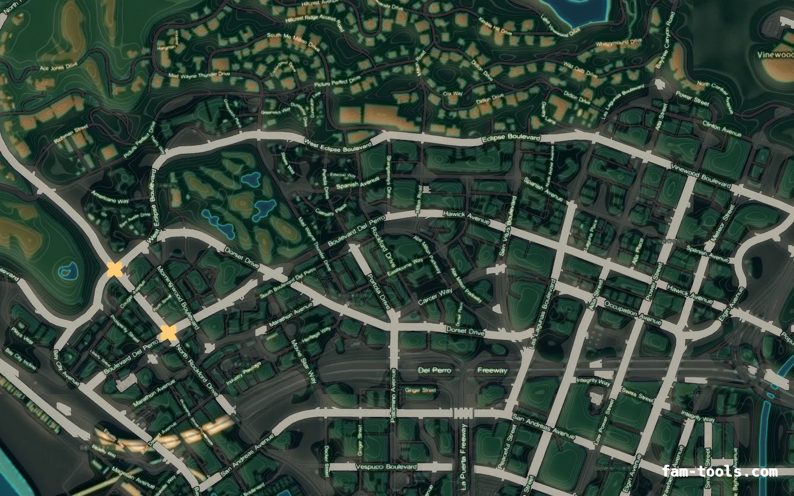 Mixed dark minimap — Vinewood Mixed dark TOPO NIGHT FiveM-compatible minimap for GTA 5 — without postal codes — showing Los Santos street detail