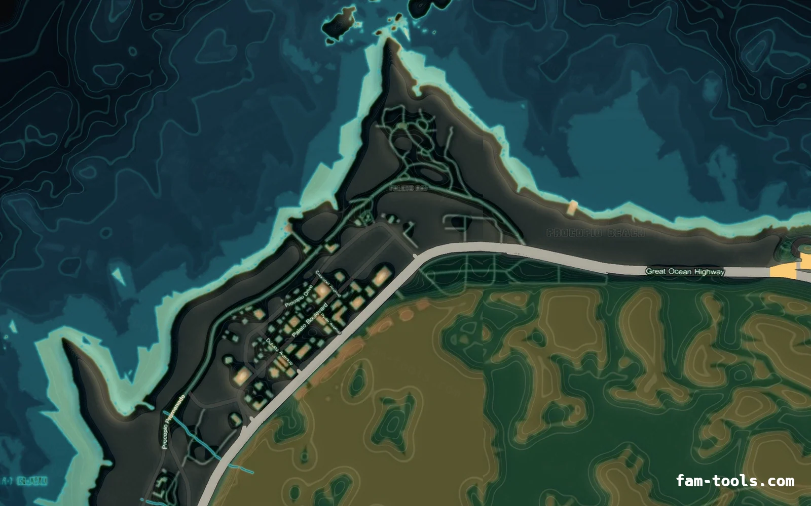 Mixed dark minimap — Paleto Bay Mixed dark TOPO NIGHT FiveM-compatible minimap for GTA 5 — without postal codes — showing Paleto Bay and Mount Chiliad