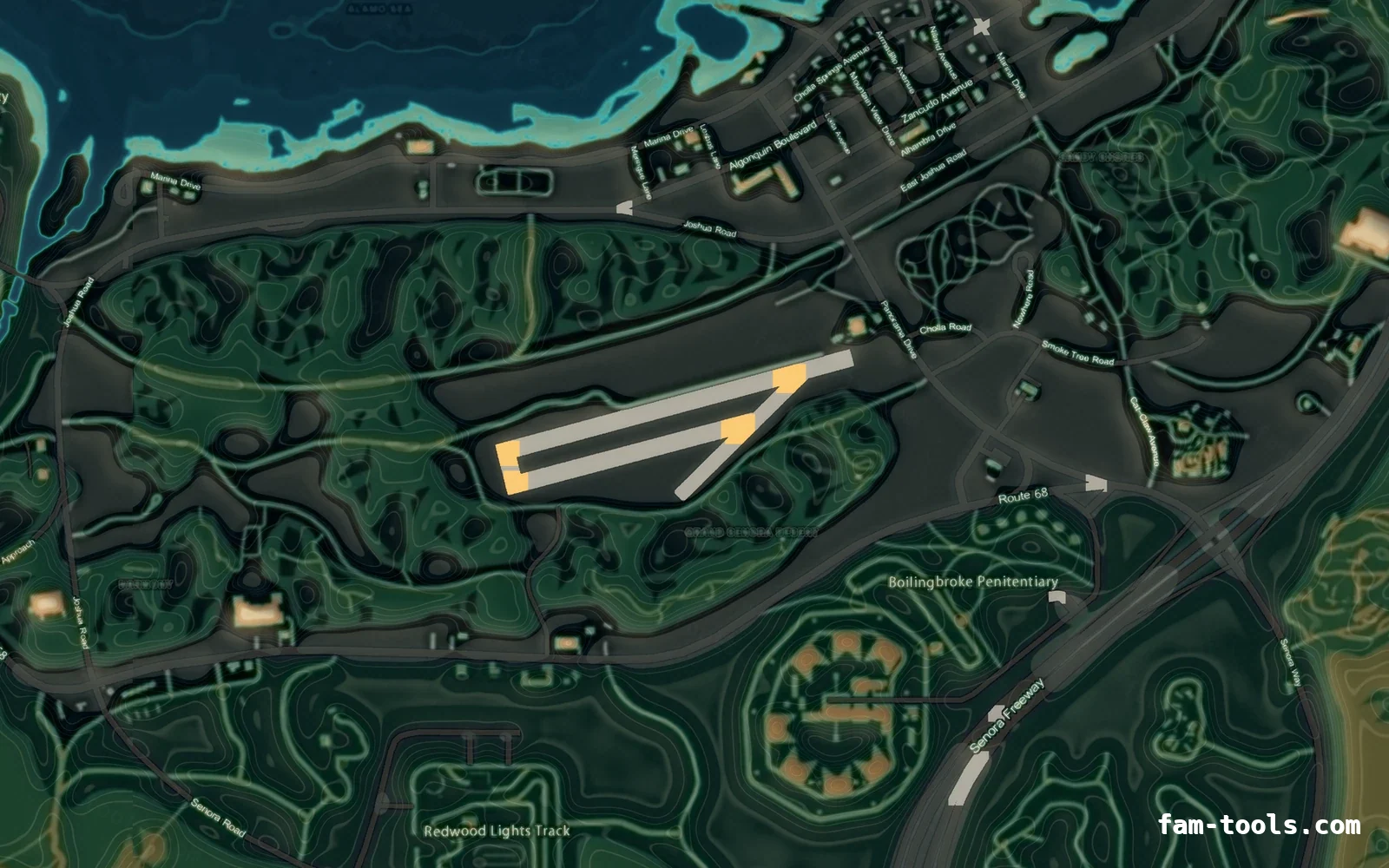Mixed dark minimap — Sandy Shores Mixed dark TOPO NIGHT FiveM-compatible minimap for GTA 5 — without postal codes — showing Sandy Shores and the desert