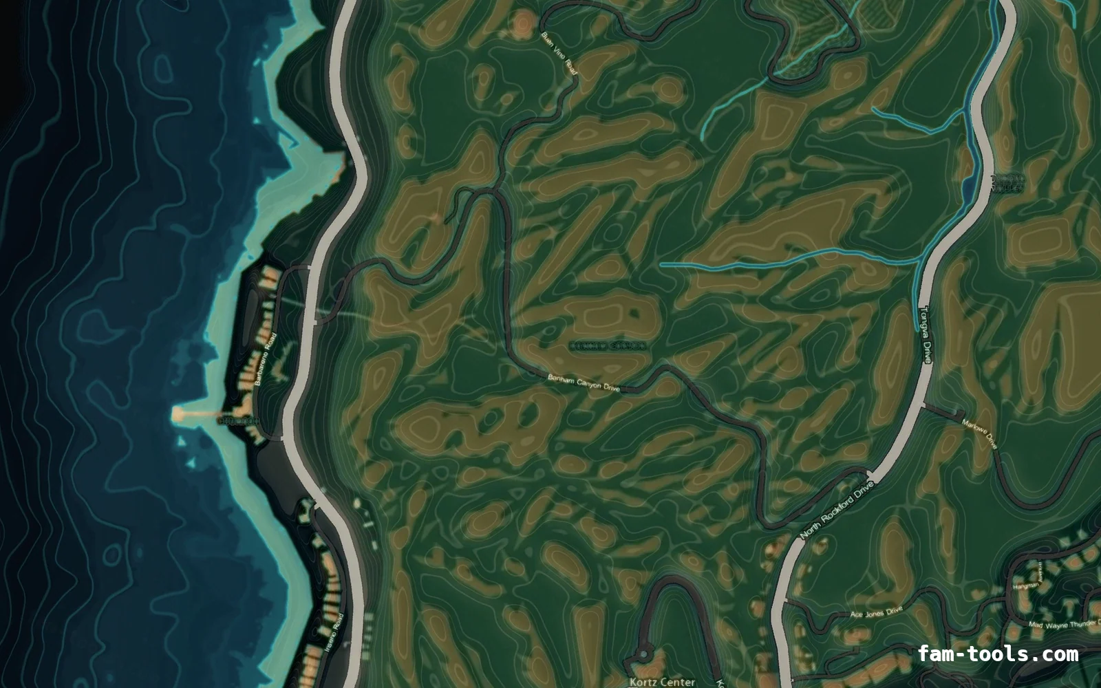 Mixed dark minimap — West coast Mixed dark TOPO NIGHT FiveM-compatible minimap for GTA 5 — without postal codes — showing the west coast and depth contours