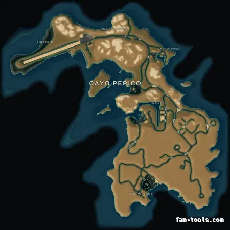 Mixed dark TOPO NIGHT Cayo Perico FiveM-compatible minimap for GTA 5 — optional island add-on in the same palette, with postal codes