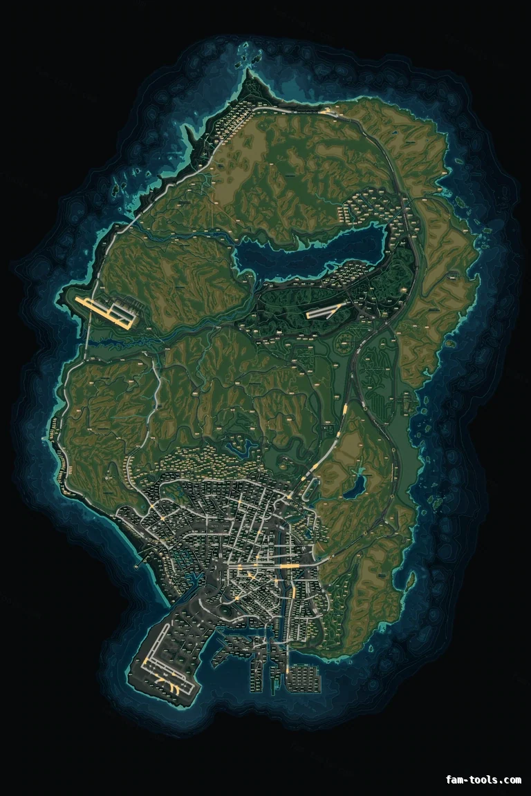 Mixed dark TOPO NIGHT FiveM-compatible minimap for GTA 5 — with postal codes — showing the whole Los Santos and Blaine County map