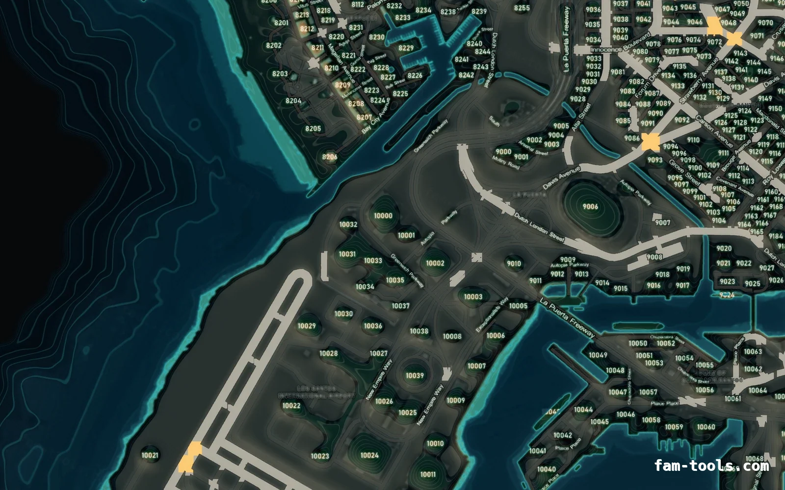 Mixed dark minimap — Harbour Mixed dark TOPO NIGHT FiveM-compatible minimap for GTA 5 — with postal codes — showing the harbour and industrial docks