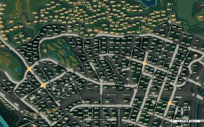 Mixed dark TOPO NIGHT FiveM-compatible minimap for GTA 5 — with postal codes — showing Los Santos street detail