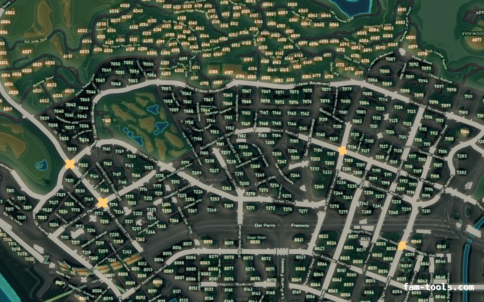Mixed dark minimap — Vinewood Mixed dark TOPO NIGHT FiveM-compatible minimap for GTA 5 — with postal codes — showing Los Santos street detail