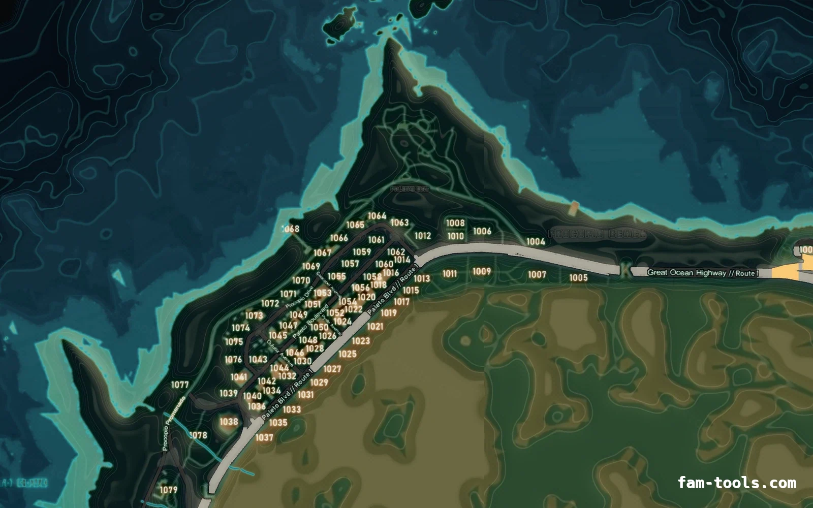 Mixed dark minimap — Paleto Bay Mixed dark TOPO NIGHT FiveM-compatible minimap for GTA 5 — with postal codes — showing Paleto Bay and Mount Chiliad