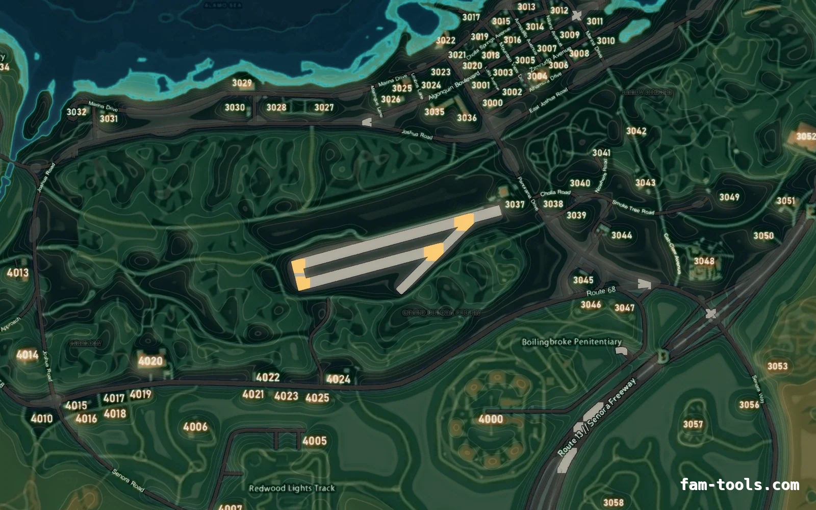 Mixed dark minimap — Sandy Shores Mixed dark TOPO NIGHT FiveM-compatible minimap for GTA 5 — with postal codes — showing Sandy Shores and the desert