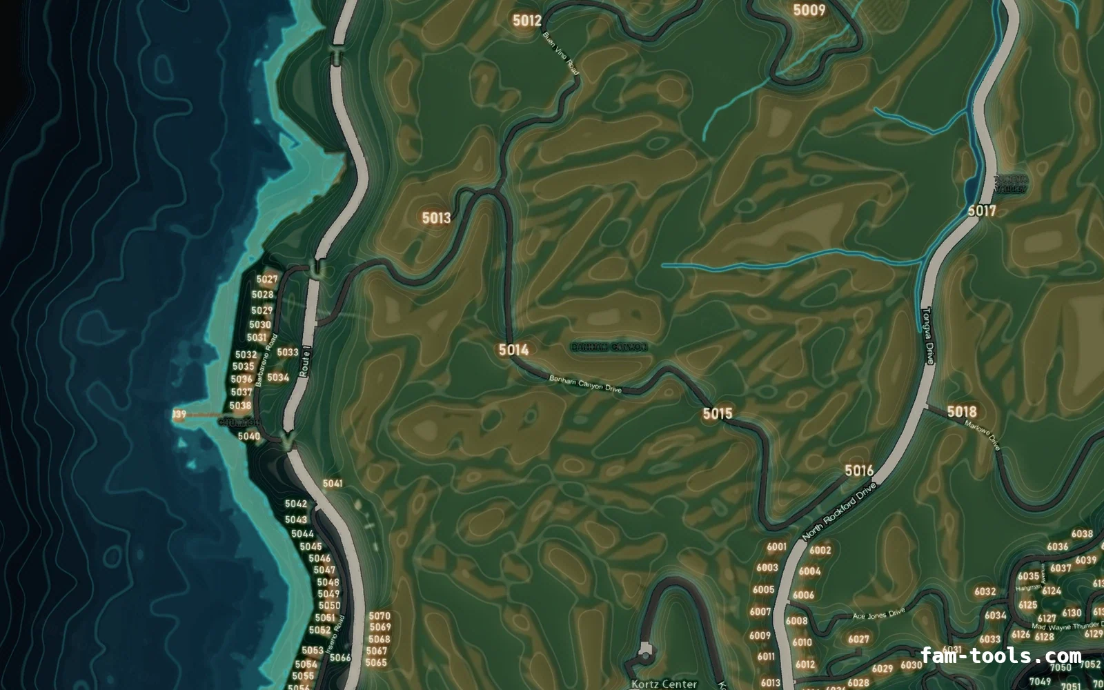 Mixed dark minimap — West coast Mixed dark TOPO NIGHT FiveM-compatible minimap for GTA 5 — with postal codes — showing the west coast and depth contours