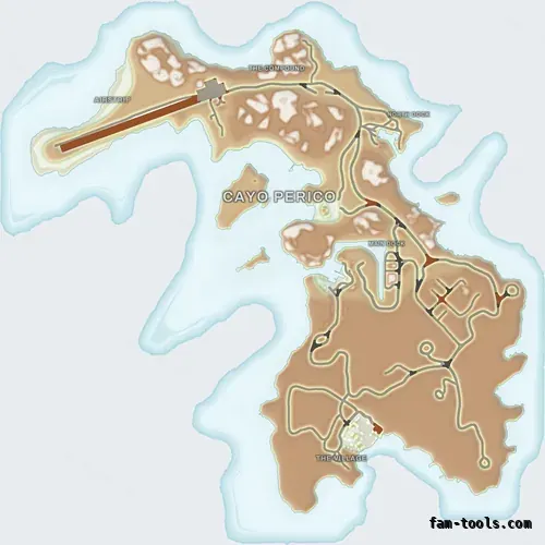 Mixed light TOPO DAY Cayo Perico FiveM-compatible minimap for GTA 5 — optional island add-on in the same palette, google style
