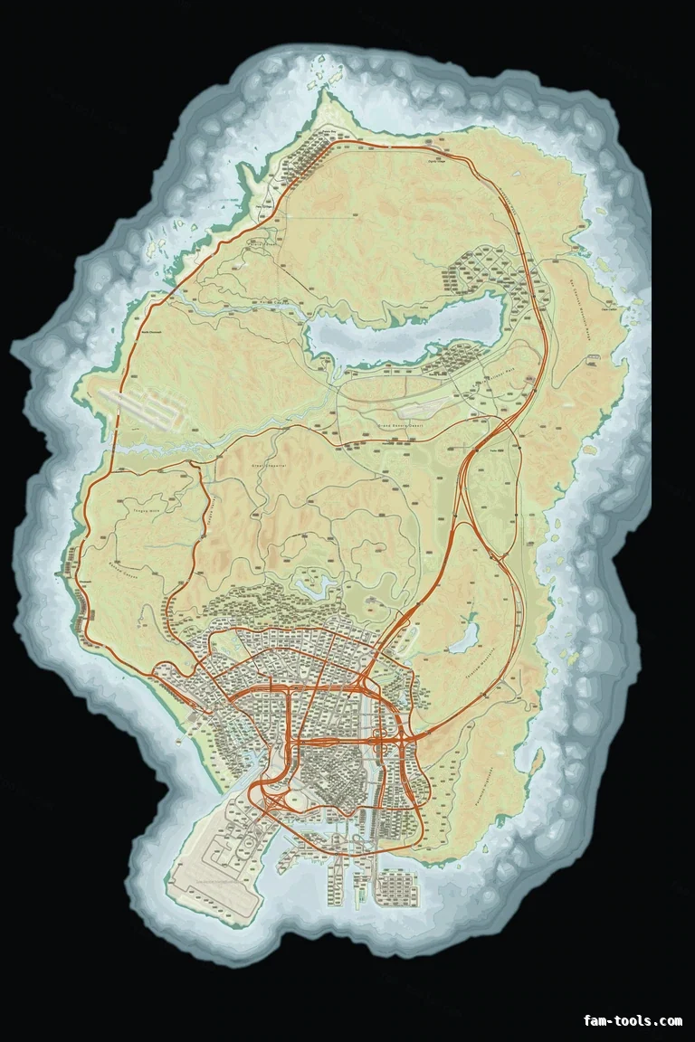 Mixed light TOPO DAY FiveM-compatible minimap for GTA 5 — google style — showing the whole Los Santos and Blaine County map