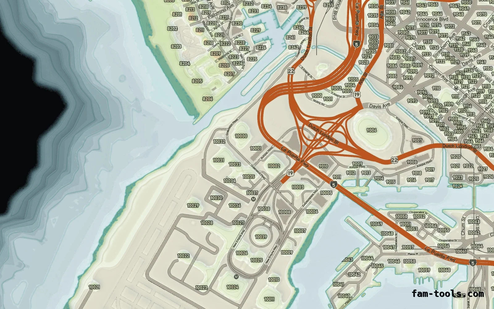 Mixed light TOPO DAY FiveM-compatible minimap for GTA 5 — google style — showing the harbour and industrial docks