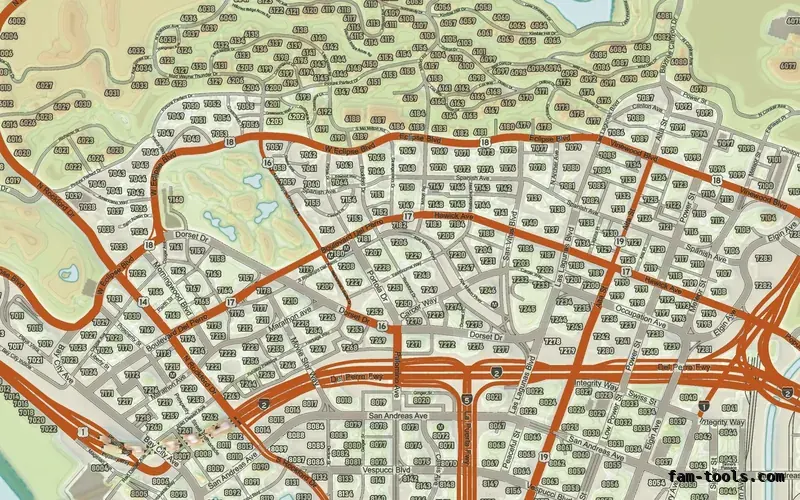 Mixed light TOPO DAY FiveM-compatible minimap for GTA 5 — google style — showing Los Santos street detail