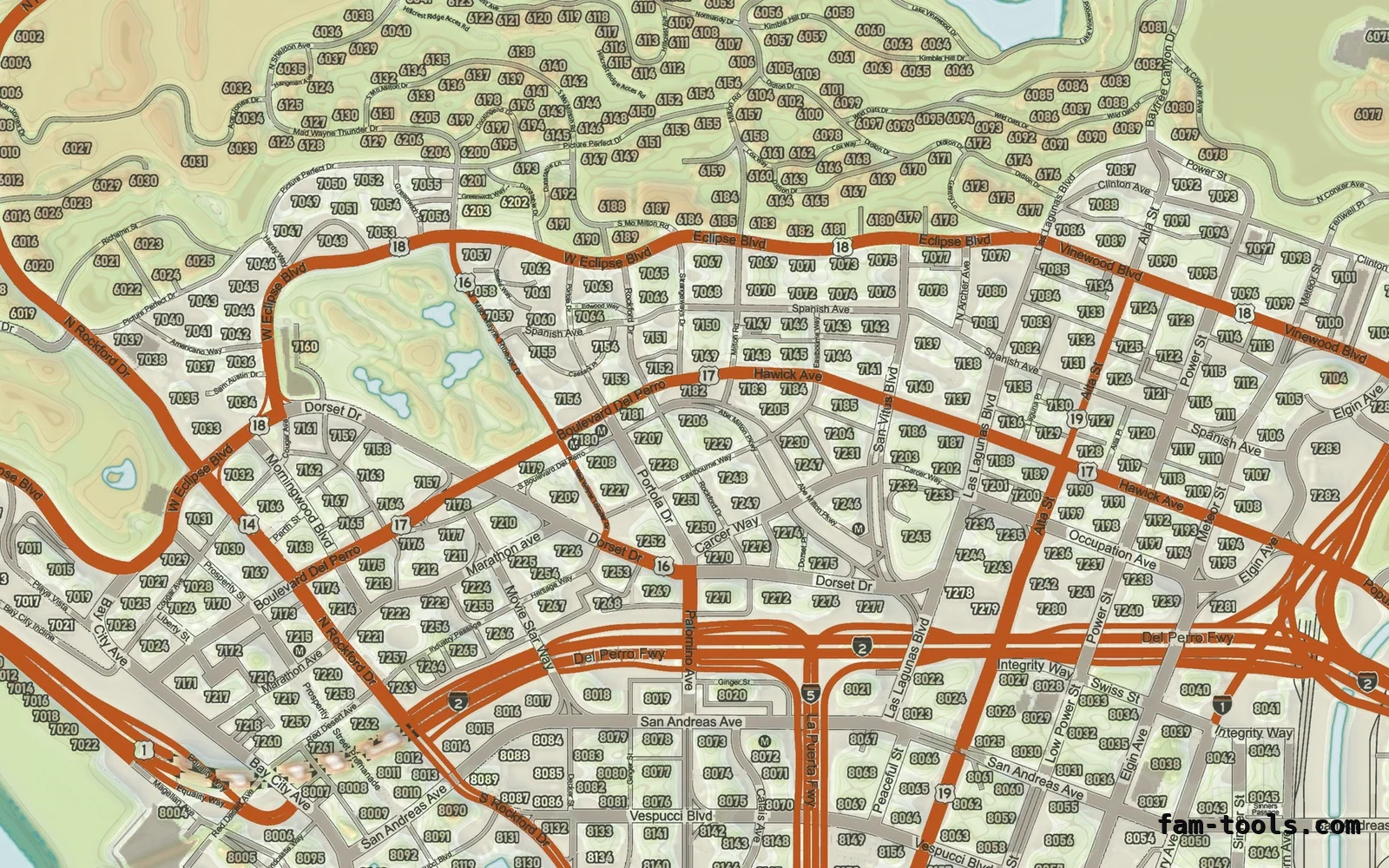 Mixed light TOPO DAY FiveM-compatible minimap for GTA 5 — google style — showing Los Santos street detail