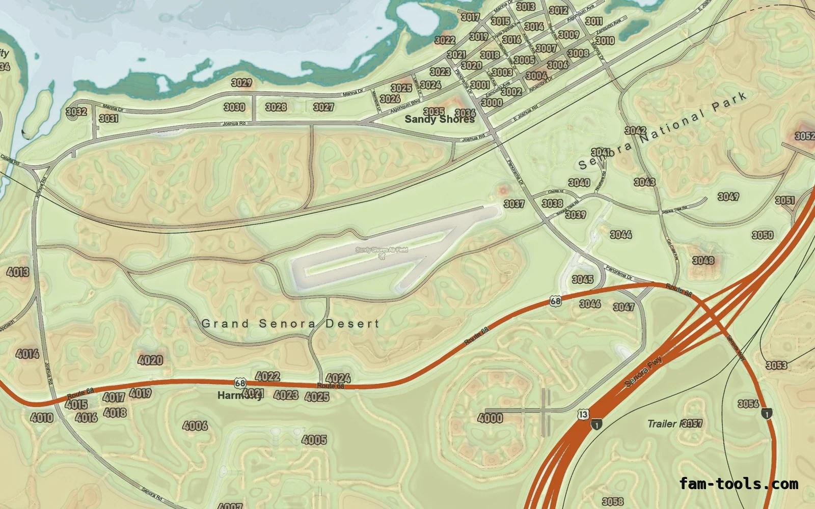 Mixed light TOPO DAY FiveM-compatible minimap for GTA 5 — google style — showing Sandy Shores and the desert