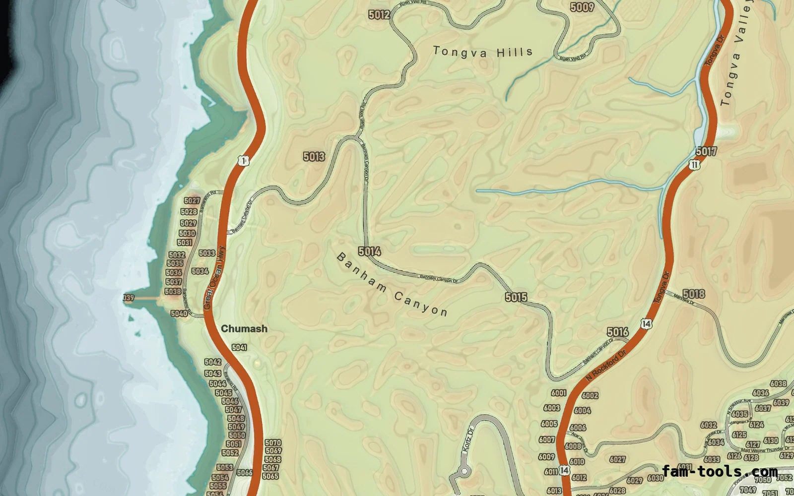 Mixed light TOPO DAY FiveM-compatible minimap for GTA 5 — google style — showing the west coast and depth contours