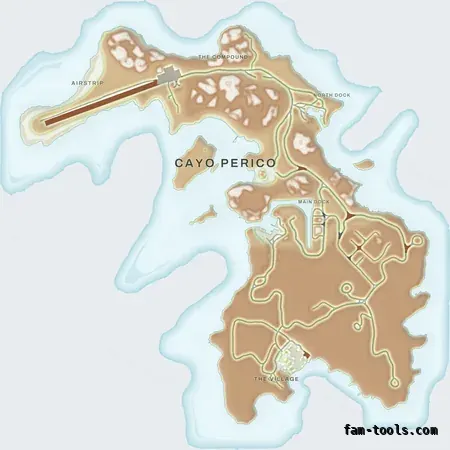 Mixed light TOPO DAY Cayo Perico FiveM-compatible minimap for GTA 5 — optional island add-on in the same palette, without postal codes