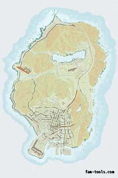 Mixed light TOPO DAY FiveM-compatible minimap for GTA 5 — without postal codes — showing the whole Los Santos and Blaine County map