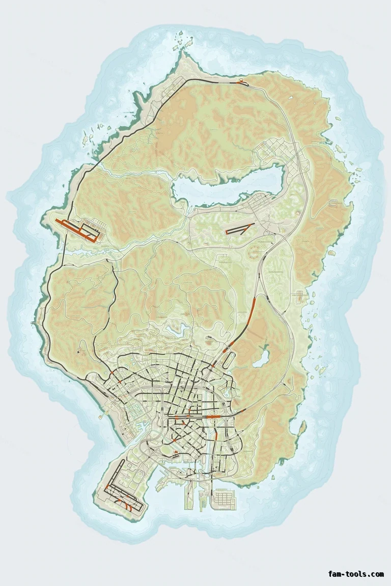 Mixed light TOPO DAY FiveM-compatible minimap for GTA 5 — without postal codes — showing the whole Los Santos and Blaine County map