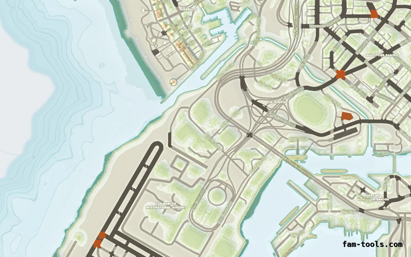 Mixed light TOPO DAY FiveM-compatible minimap for GTA 5 — without postal codes — showing the harbour and industrial docks