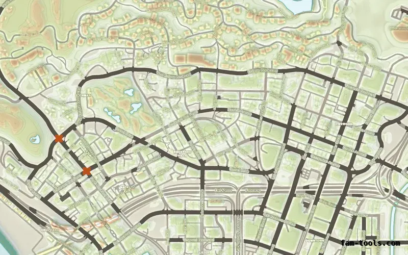 Mixed light TOPO DAY FiveM-compatible minimap for GTA 5 — without postal codes — showing Los Santos street detail
