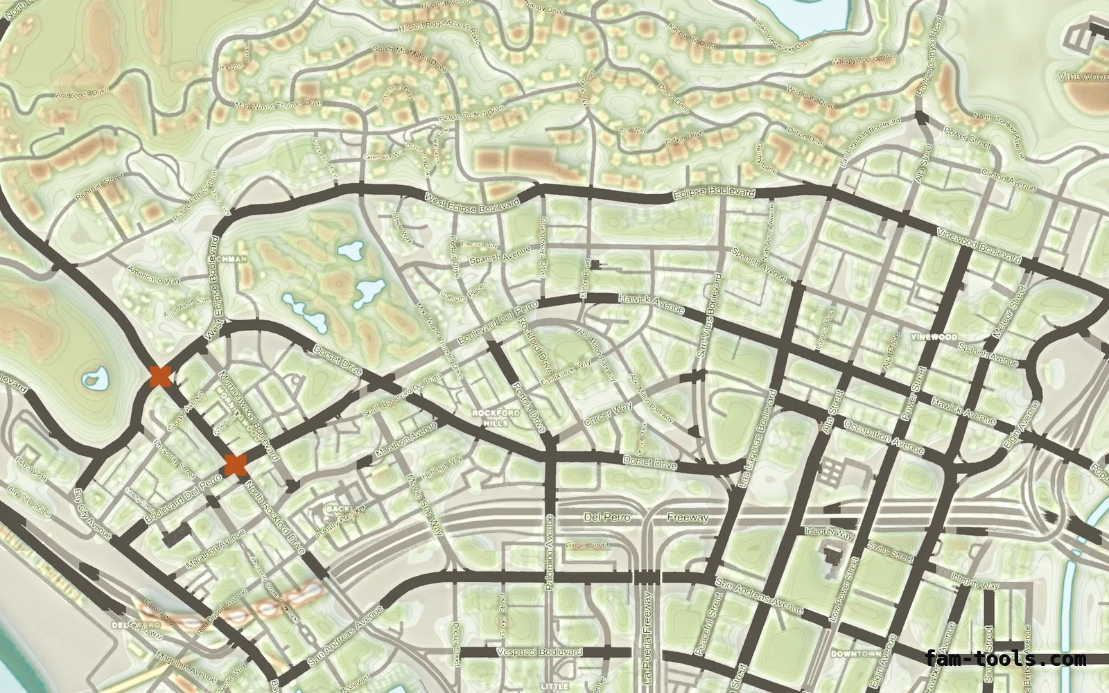 Mixed light TOPO DAY FiveM-compatible minimap for GTA 5 — without postal codes — showing Los Santos street detail