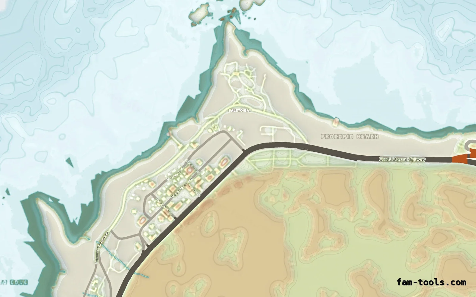 Mixed light TOPO DAY FiveM-compatible minimap for GTA 5 — without postal codes — showing Paleto Bay and Mount Chiliad