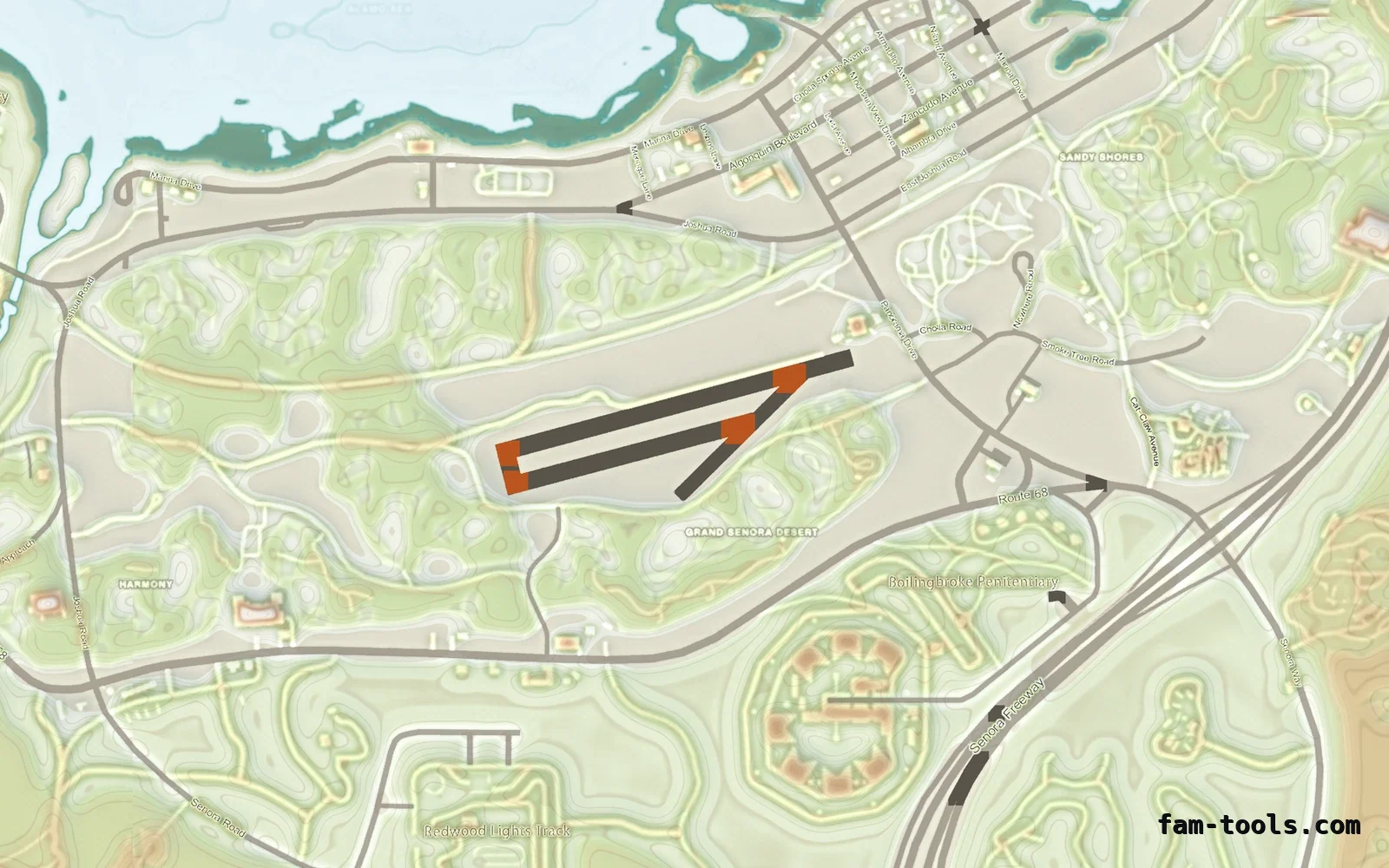 Mixed light TOPO DAY FiveM-compatible minimap for GTA 5 — without postal codes — showing Sandy Shores and the desert