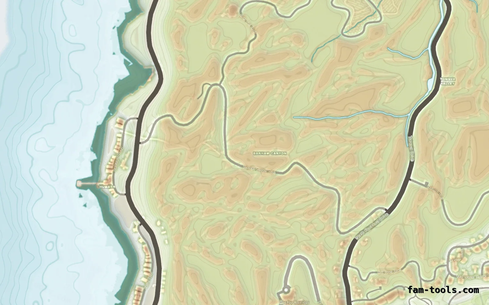 Mixed light TOPO DAY FiveM-compatible minimap for GTA 5 — without postal codes — showing the west coast and depth contours