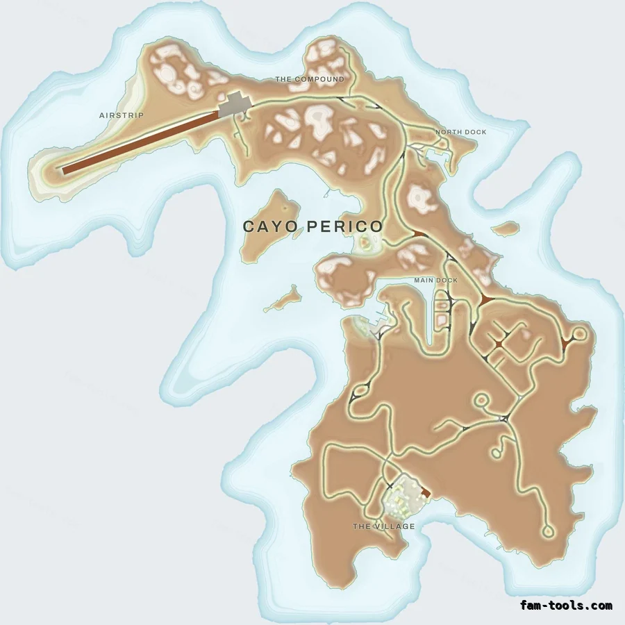 Mixed light TOPO DAY Cayo Perico FiveM-compatible minimap for GTA 5 — optional island add-on in the same palette, with postal codes