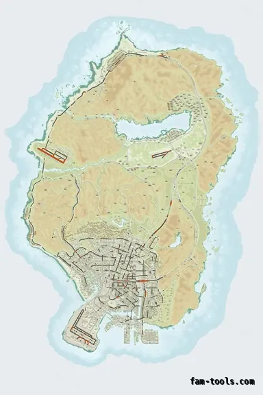 Mixed light TOPO DAY FiveM-compatible minimap for GTA 5 — with postal codes — showing the whole Los Santos and Blaine County map