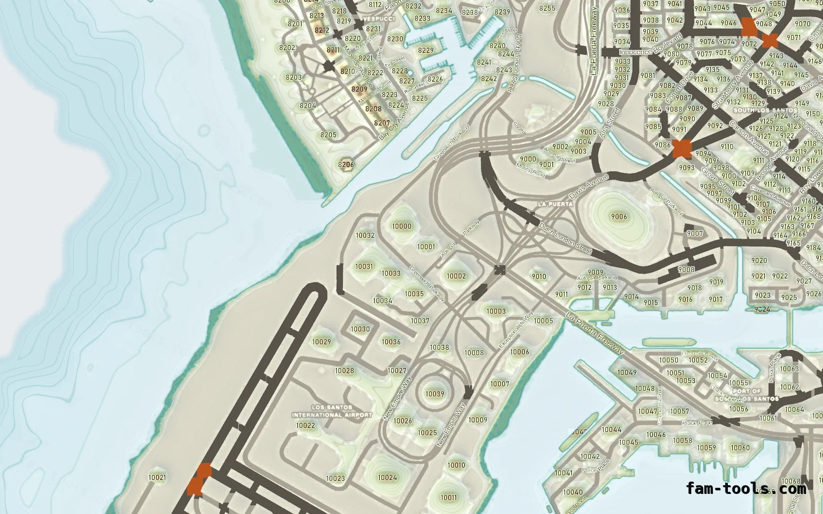 Mixed light TOPO DAY FiveM-compatible minimap for GTA 5 — with postal codes — showing the harbour and industrial docks