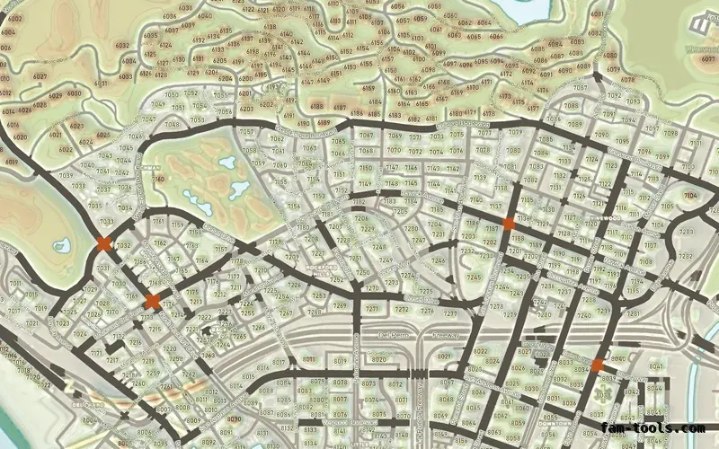 Mixed light TOPO DAY FiveM-compatible minimap for GTA 5 — with postal codes — showing Los Santos street detail