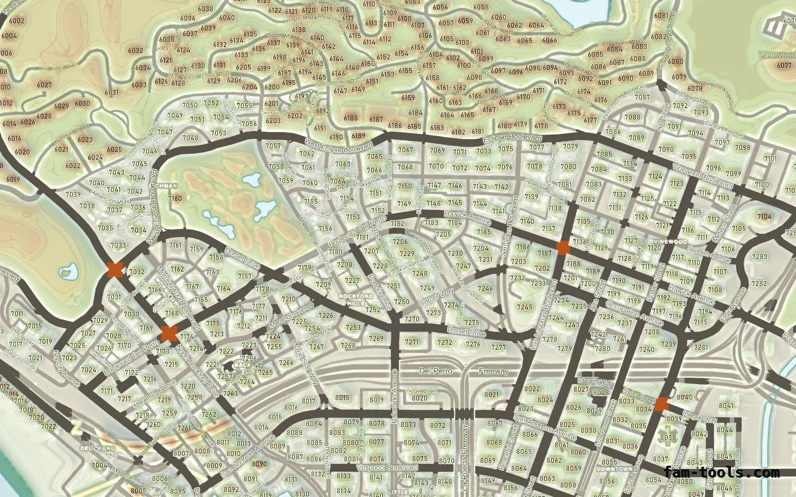 Mixed light TOPO DAY FiveM-compatible minimap for GTA 5 — with postal codes — showing Los Santos street detail